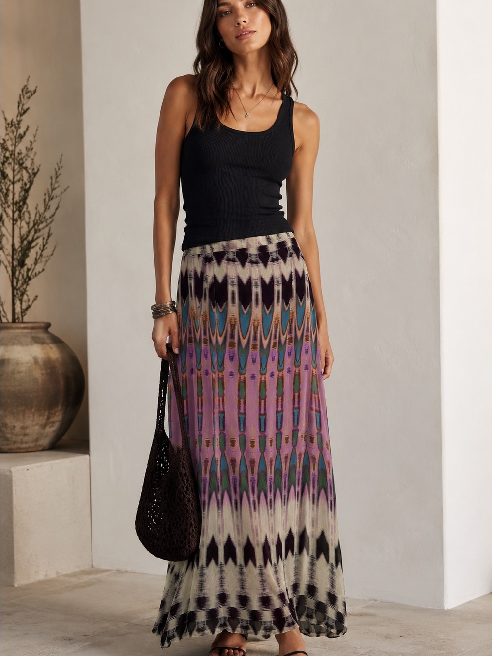 🖤MAKE OFFER🖤 Nicole Miller Artelier Silk NWT Ikat Maxi Skirt Black Purple Small